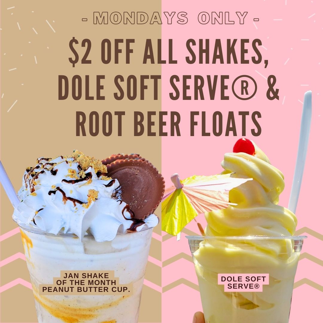 It's Monday and you know what that means! Get ready to enjoy $2 off all shakes, malts, root beer floats and pineapple DOLE SOFT SERVE®  We've even included our January Shake - Peanut Butter Cup! What are you waiting for? 

 #MondaySpecial #oldtowntemecula   #visittemecula