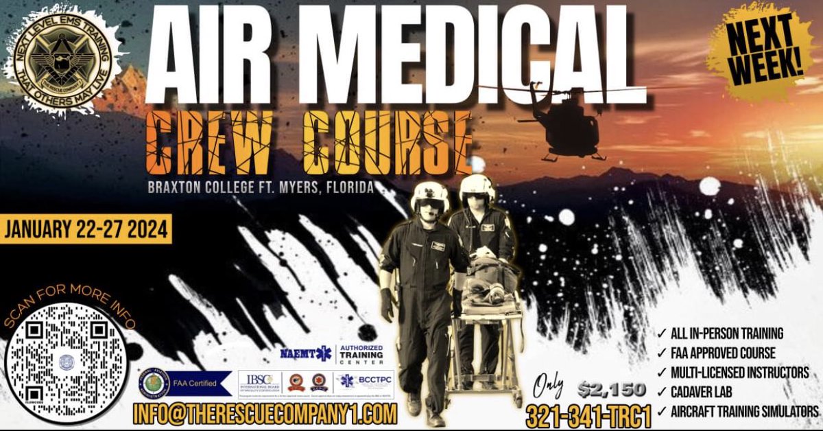 TheRescueCo1's tweet photo. Our next #AirMedicalCrewCourse takes off next week but you still have time to get onboard. 1/22-1/27 Only $2,150 or use @paypal credit to pay in 4 ez interest free pymts! Scan the code or use this link for more info &amp; to register. https://t.co/hLIDIK6xPB #flightnurse #flightmedic https://t.co/sgfns3wZhT