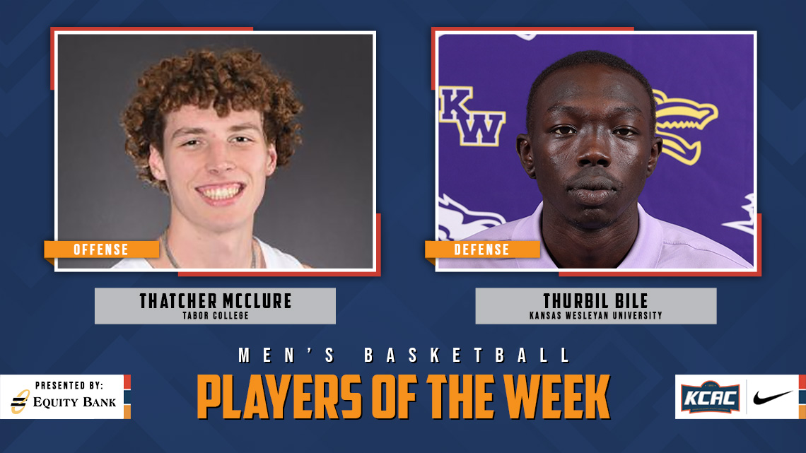 Kansas Collegiate Athletic Conference (@kcacsports) on Twitter photo Thatcher McClure of <a href="/GoTaborBluejays/">Tabor College Athletics</a> and Thurbil Bile of <a href="/kwucoyotes/">Kansas Wesleyan Coyotes</a> Earn KCAC Men's Basketball Weekly Honors, presented by <a href="/EQUITYBANK/">Equity Bank</a>! #KCACmbb #LetsBuildEquity #LetsBuildLeaders
kcacsports.com/news/2024/1/15ā¦
<a href="/NAIA/">NAIA</a> <a href="/NAIAHoopsReport/">NAIA Hoops Report</a> Thatcher McClure of <a href="/GoTaborBluejays/">Tabor College Athletics</a> and Thurbil Bile of <a href="/kwucoyotes/">Kansas Wesleyan Coyotes</a> Earn KCAC Men's Basketball Weekly Honors, presented by <a href="/EQUITYBANK/">Equity Bank</a>! #KCACmbb #LetsBuildEquity #LetsBuildLeaders
kcacsports.com/news/2024/1/15ā¦
<a href="/NAIA/">NAIA</a> <a href="/NAIAHoopsReport/">NAIA Hoops Report</a>