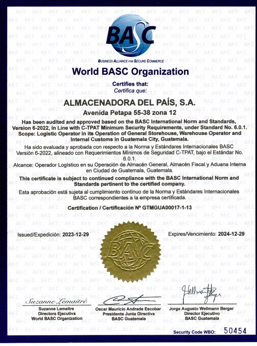 ALPASAGT's tweet photo. Certificación Norma y Estándares Internacionales BASC V. 6-2022. https://t.co/3AURJqkJvz