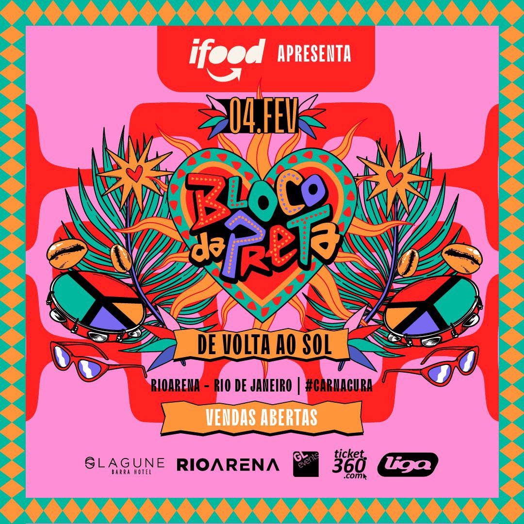 O Carnaval chegará mais cedo na RIOARENA com <a href="/PretaGil/">Preta Gil</a>, no dia 04 de fevereiro! Garanta agora o seu ingresso pelo site da <a href="/ticket360/">Ticket360</a>. De volta ao Sol! ☀️#CarnaCura