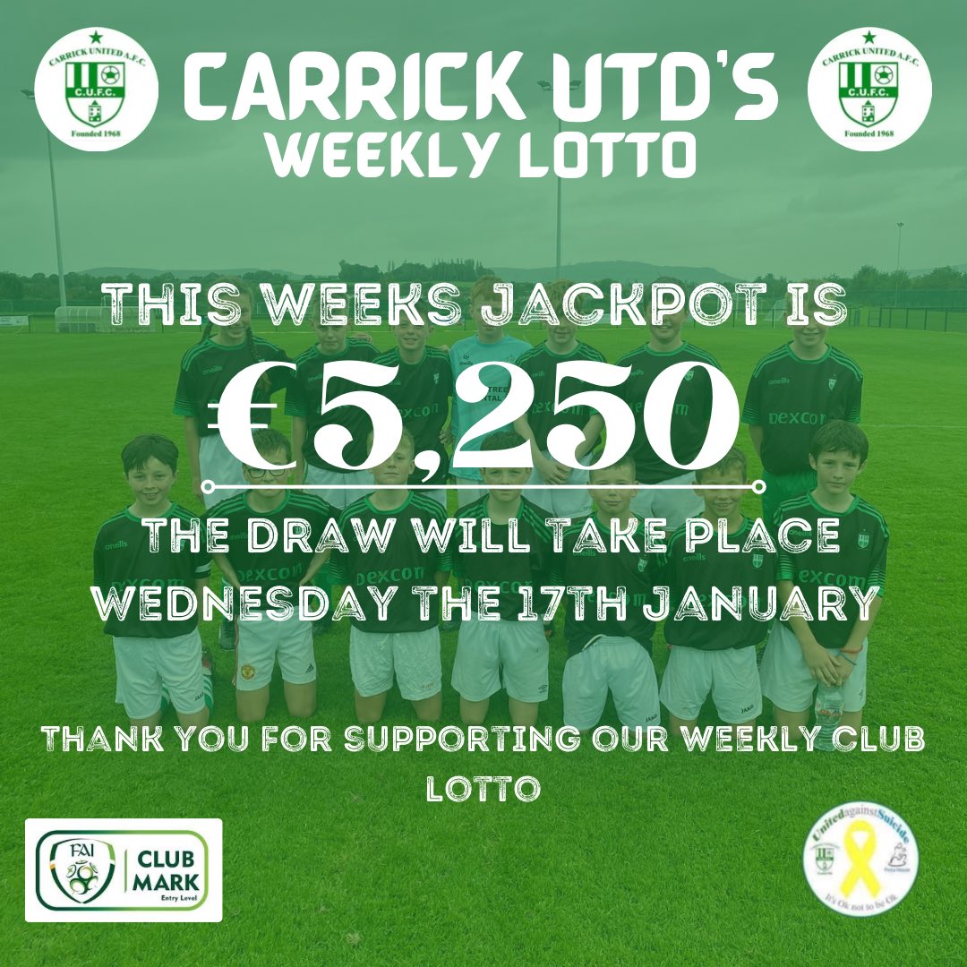 This weeks jackpot is €5,250. Thank you for your continuous support of our club lotto and best of luck to all🟢⚪️