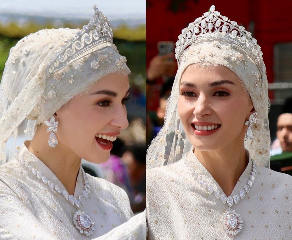 TiaraManiaBlog's tweet photo. Princess Anisha wearing the tiara for the Majlis Bersanding Pengantin Diraja during her wedding celebrations to Prince Mateen in January 2024. https://t.co/PCYvI2DA35