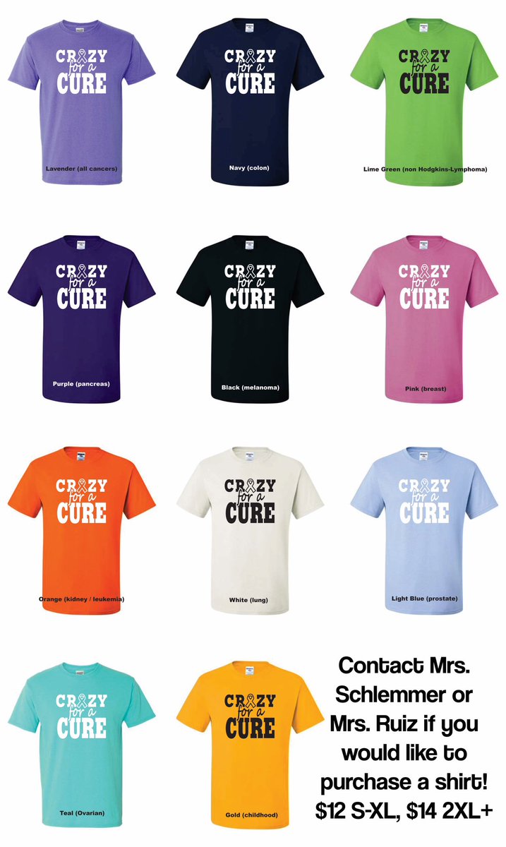 nmschlemm's tweet photo. It’s that time of year! 🎗️the 10th Annual Crazy for a Cure!

If you or someone you know is interested in donating a basket or baked item for 🏀Friday, Feb 9, please let Mrs. Ruiz/Mrs. Schlemmer know! 

Shirts are also on sale! All profits go to local cancer patients and programs https://t.co/PmyGMuDwo6