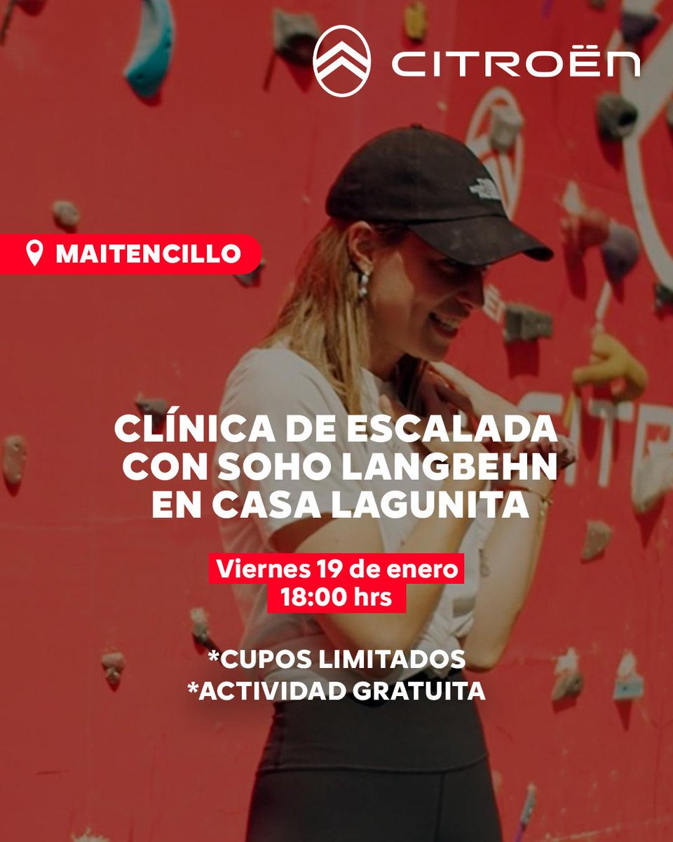 Este verano llegaremos a la cima de la entretención junto a Soho Langbehn 📷. Te esperamos este 19 de enero a las 18:00 hrs. en nuestra Clínica de Escalada en Casa Lagunita 📷. 

Inscríbete aquí forms.gle/tTALTkrH5duVFJ…
#citroënchile #citroën