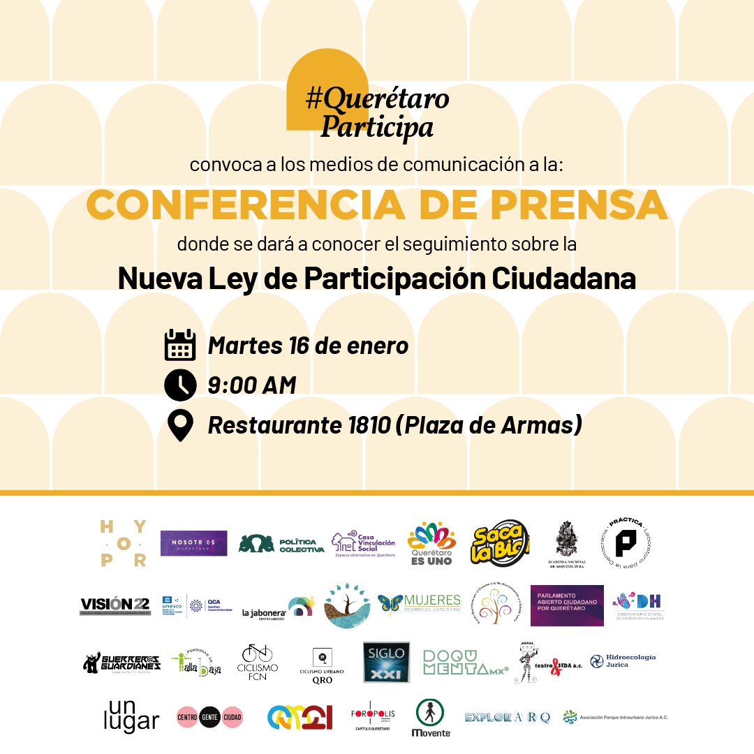Mañana tendremos una #RuedaDePrensa para hablar acerca de la #NuevaLeyDeParticipaciónCiudadana en #Querétaro.

¡Una #ParticipaciónReal es posible, hagámosla realidad!

#QuerétaroParticipa