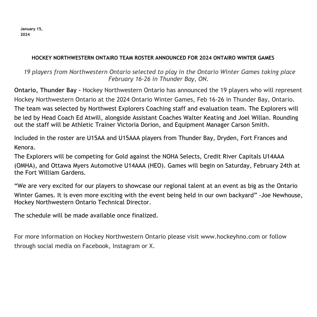 HNOHockey's tweet photo. The Ontario Winter Games 2024 Team Roster is here!
Congratulations to everyone who makes up The Northwest Explorers! https://t.co/g1U6ARaryw