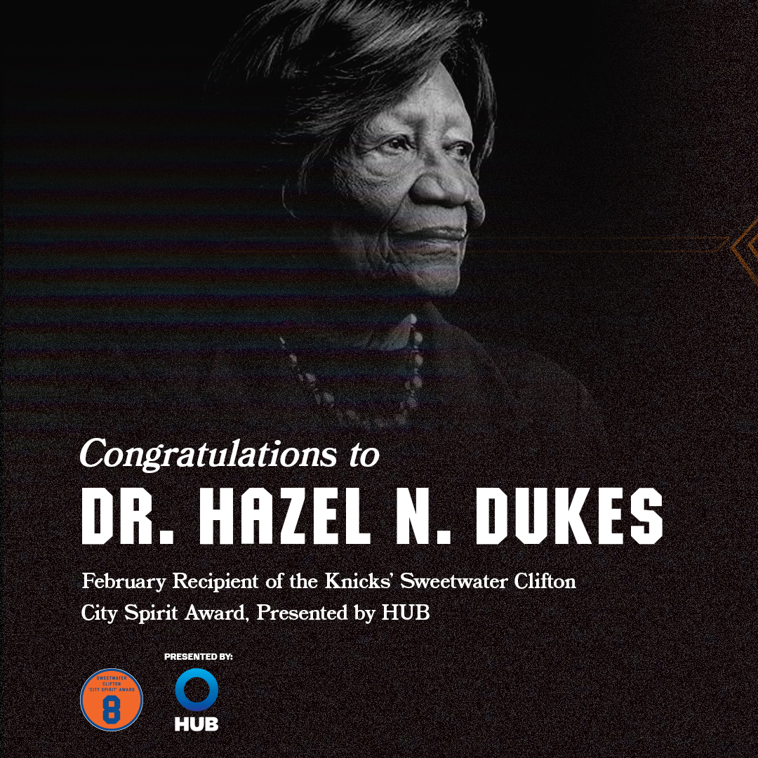 nyknicks's tweet photo. Proudly commemorating MLK Day. We’re thrilled to honor Hazel Dukes of @NYSNAACP with the Sweetwater Clifton City Spirit Award. Thanks to Assemblymember Eddie Gibbs (@AMEddieGibbs) for participating in this special recognition. https://t.co/MuqBBU38ZN
