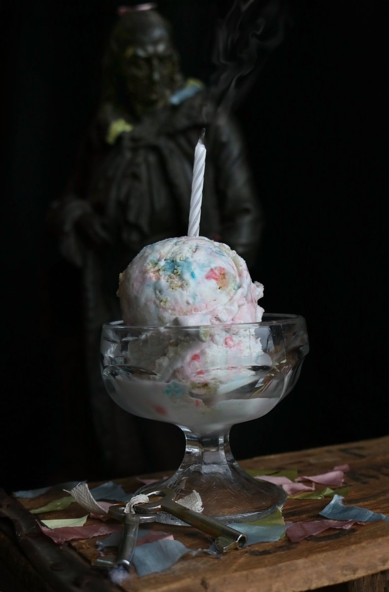 Chunks of yellow confetti cake, with swirls of pink &amp; blue buttercream frosting 🎉🥳 Birthday Cake ice cream is in the shop to celebrate our patron saint Ben Franklin!🎂