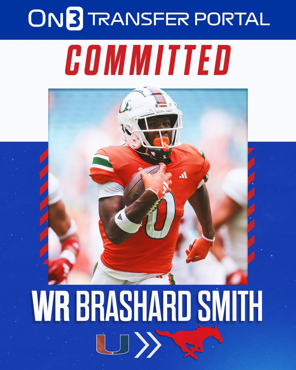 TransferPortal's tweet photo. 🚨NEWS: Miami transfer WR Brashard Smith has committed to SMU, per @BillyEmbody🐎

Smith has 69 catches for 770 yards and 4 TDs in his career.

https://t.co/7cXsCNFb4Z https://t.co/okOAsCKw0Q
