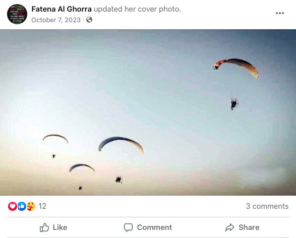 SamvanRooy1's tweet image. Dus op 7 oktober, de dag van de jihadistische massaslachting op Joden/Israëliërs door #Hamas (inclusief verminkingen en verkrachtingen), veranderde #DeAfspraak-gaste Fatena Al Ghorra de coverfoto van haar Facebookpagina naar Hamas-jihadisten die met paragliders Israël…