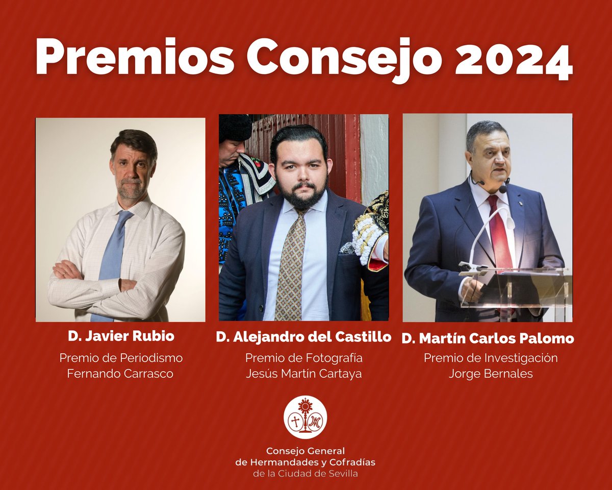 ElConsejoSev's tweet photo. 🔴 𝐏𝐑𝐄𝐌𝐈𝐎𝐒 𝐂𝐎𝐍𝐒𝐄𝐉𝐎 𝟐𝟎𝟐𝟒

✒️ VIII Premio de Periodismo "Fernando Carrasco" ➡️ @javierubrod 

📸 VIII Premio Fotográfico "Jesús Martín Cartaya" ➡️ @Alejandrocp99 

📜 VI Premio de Investigación "Jorge Bernales" ➡️ Martín Carlos Palomo

🔗 https://t.co/ByfRYLI2p9 https://t.co/zjhq20vXdi