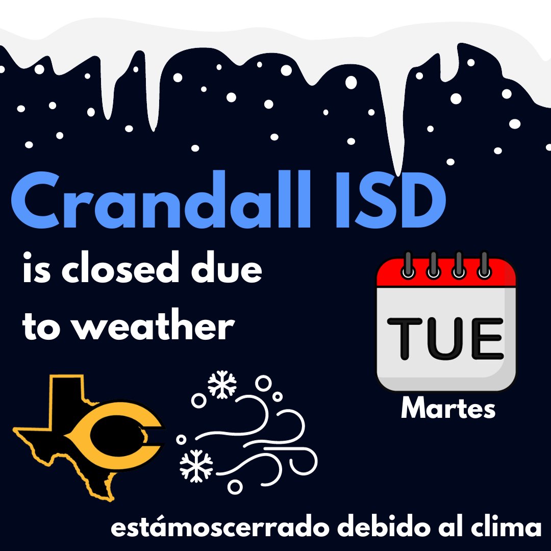 OfficialCISD's tweet image. ❄️Attention Crandall ISD❄️ Crandall ISD has decided to close on Tuesday, January 16. Stay tuned for updates regarding Wednesday. Take necessary precautions and prioritize safety in your activities during these icy conditions. Stay warm, Pirates!