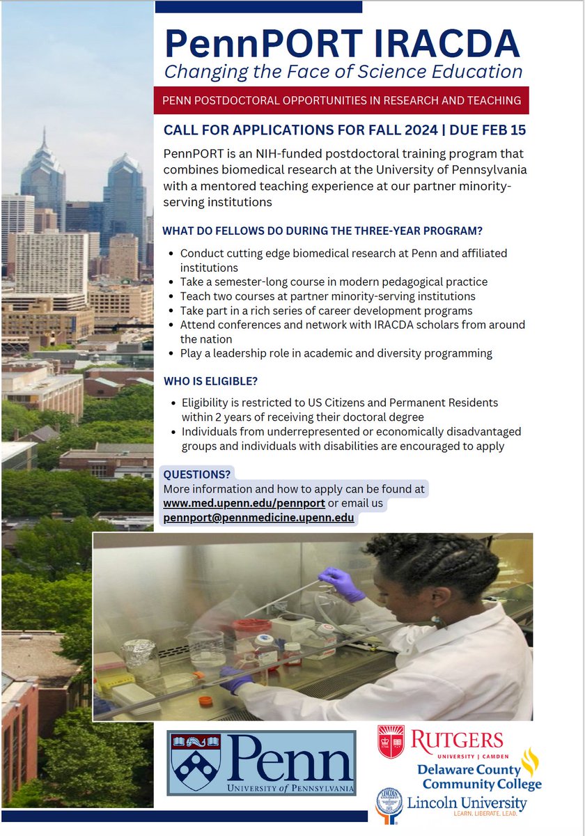 PennPORT_IRACDA's tweet image. PennPORT IRACDA is recruiting for fall 2024! Come join us @Penn! #IRACDA #STEMeducation #postdocs #DiversityinSTEM