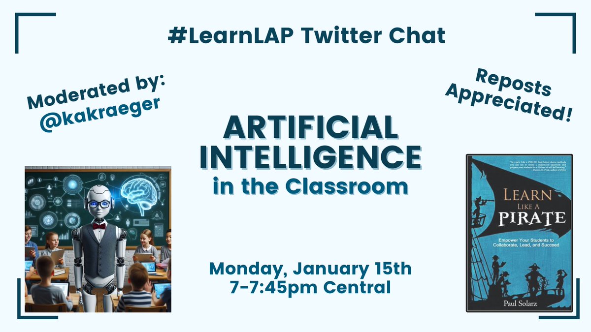PaulSolarz's tweet photo. Please join @kakraeger TONIGHT at 7pm Central for #LearnLAP!

#msmathchat #teacheredchat #tlap #tntechchat #Aledchat #ILedchat #MexEdChat #mbedchat #resiliencechat #ieedchat #asbchat #tosachat #formativechat #education #k12 #edchat #edtech #kinderchat #mschat #elemchat #ntchat https://t.co/o6ZFKPSpbU
