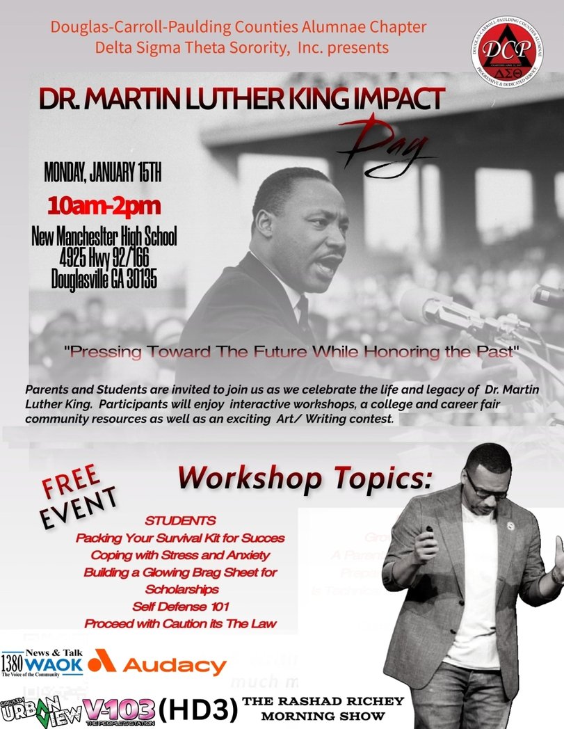 Rashad_Richey's tweet photo. Community requires connection! Join me today for the #MLK Impact Day at New Manchester High School, organized by the DCP Alumnae Chapter of #DeltaSigmaTheta Sorority, Inc. from 10am - 2pm. Free food and family-friendly workshops! #HappyKingDay https://t.co/L3Fp3YGyUL