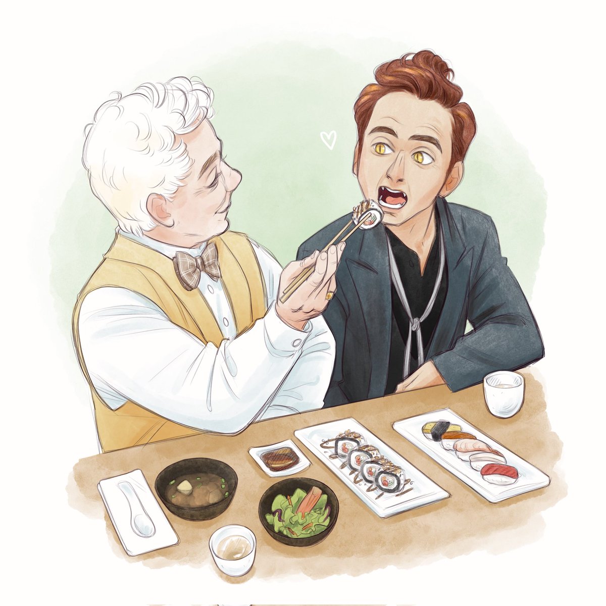 gingerhaole's tweet photo. Sushi day 🍣
#GoodOmensFanArt https://t.co/9GZrqZJvDg