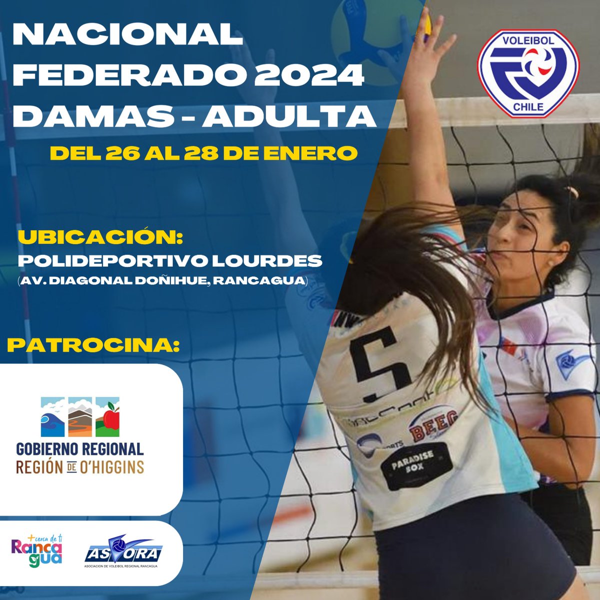 asvorachile's tweet photo. Este 26, 27 y 28 de enero seremos sede del nacional Adulto damas Federado.
Gracias nuestro Gobierno Regional
@PabloSilvaAmaya  y el apoyo de @munirancagua  @rguamasdeporte  
Te esperamos!!
Invitamos a las empresas de la región a apoyar a nuestra selección y el Voley de O'Higgins https://t.co/IAxYTdlXc6