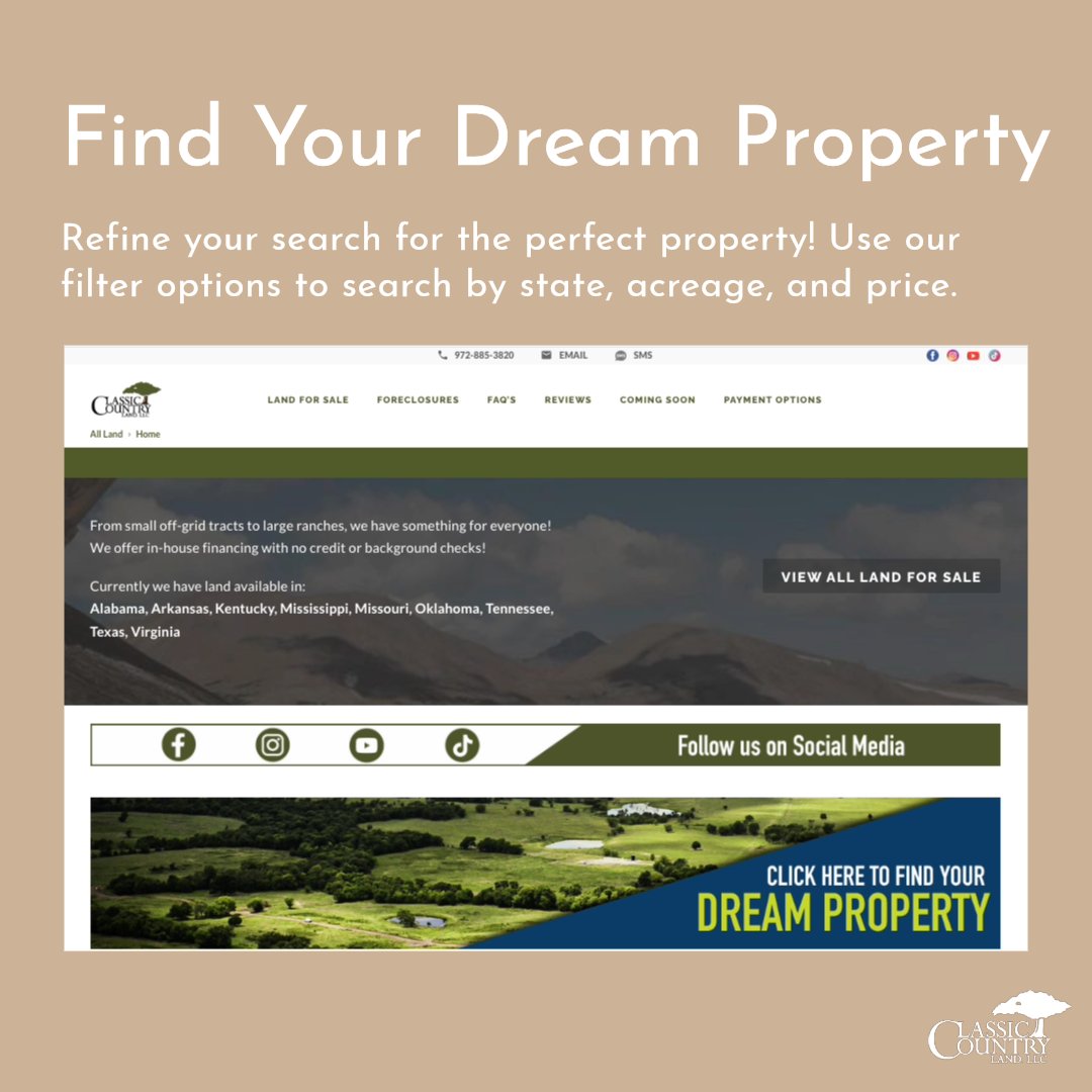 classicland's tweet photo. Find your dream property effortlessly with our new search feature. Customize your preferences and discover the property that fits your dreams perfectly. Start your land journey now!
https://t.co/qKY9hXHhMi

#Landforsale #Investment #Realestateinvesting 
#Homesteading #RealEstate https://t.co/cwR3zVtIAK