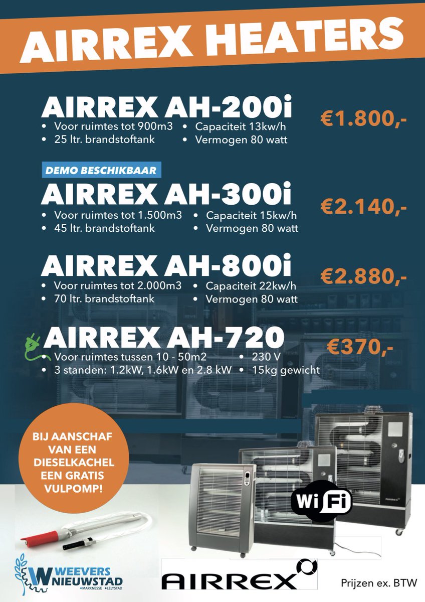 Wij hebben de Airrex heaters ruim op voorraad staan. Ideale heaters om uw bedrijfspand te verwarmen! Informeer naar de mogelijkheden.