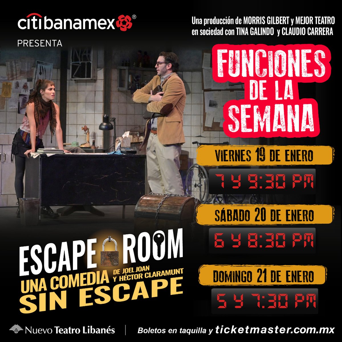 Hay secretos que no deberían ser revelados porque podrían matarte… pero de la risa. ¡Adquiere ahora tus boletos y descúbrelos este fin de semana en #EscapeRoom!

📆 19 de Ene | ⏰ 7 y 9:30 pm
📆 20 de Ene | ⏰ 6 y 8:30 pm
📆 21 de Ene | ⏰ 5 y 7:30 pm
🎟️ bit.ly/EscapeRoomBole…