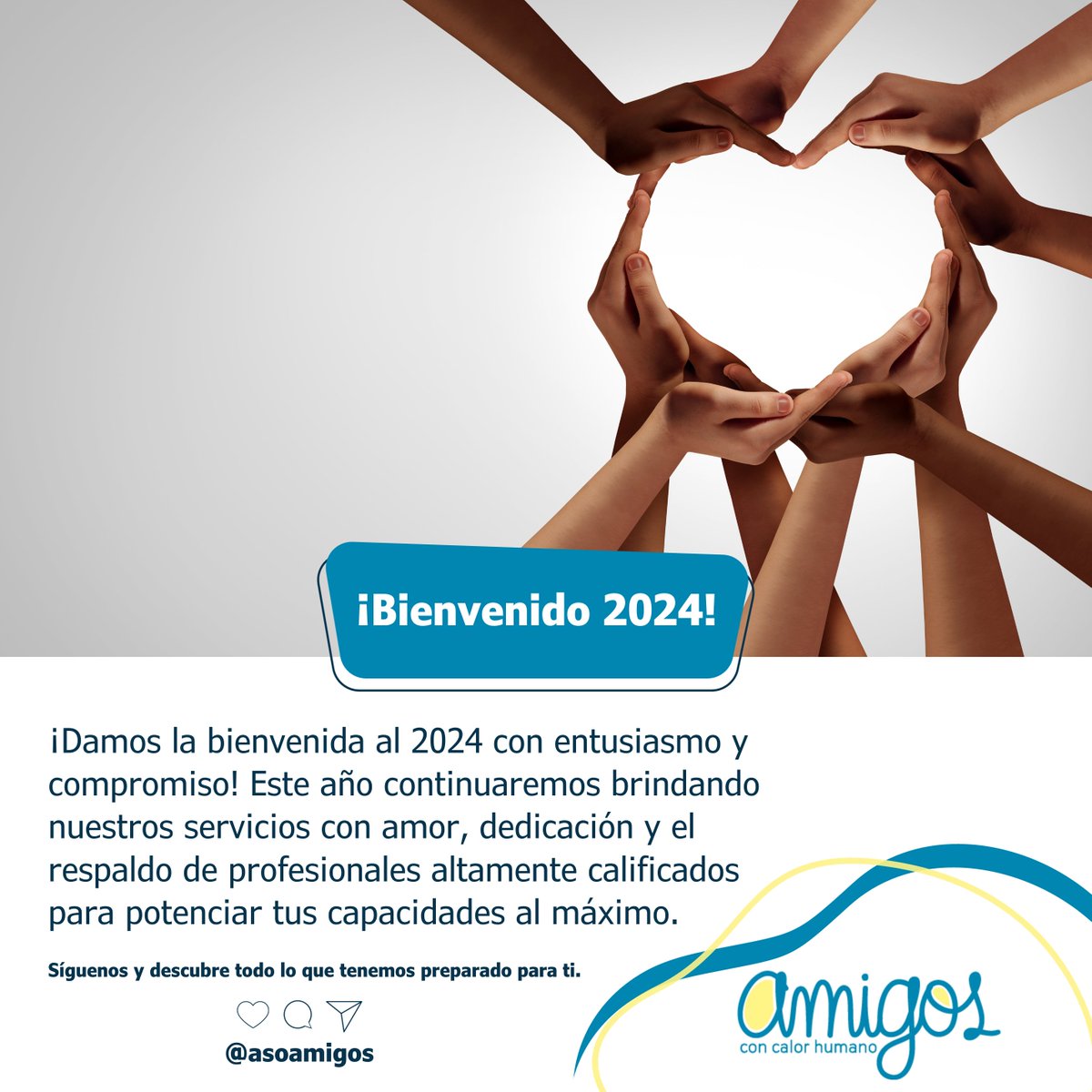 AsoAmigos's tweet photo. Este año continuaremos brindando nuestros servicios con amor, dedicación y el respaldo de profesionales altamente calificados para potenciar tus capacidades al máximo
#AmigosParaTodos #Bienestar https://t.co/qV1IbIRv5N