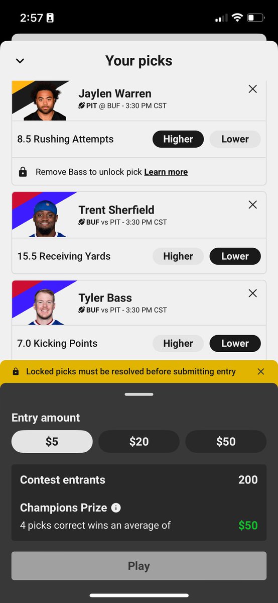 chapo454's tweet photo. @UnderdogFantasy man this shit is out of hand. Already bullshit you can’t stack QBs with wide receivers on pick ems. But a running back and the opposing team’s kicker? Thats ridiculous. Once gambling’s legal in my state I’ll never use this app again https://t.co/cYZQb4wBS4