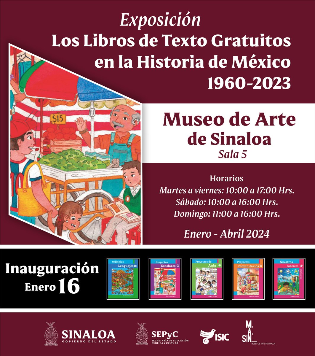 #QueNoSeTePase
No te pierdas la Exposición 𝙇𝙤𝙨 𝙇𝙞𝙗𝙧𝙤𝙨 𝙙𝙚 𝙏𝙚𝙭𝙩𝙤 𝙂𝙧𝙖𝙩𝙪𝙞𝙩𝙤𝙨 𝙚𝙣 𝙡𝙖 𝙃𝙞𝙨𝙩𝙤𝙧𝙞𝙖 𝙙𝙚 𝙈𝙚́𝙭𝙞𝙘𝙤, 𝟭𝟵𝟲𝟬-𝟮𝟬𝟮𝟯. 📖📚
Sala 5 del📍<a href="/MASINculiacan/">MuseodeArtedeSinaloa</a>
¡Entrada gratuita! 
#LTG
#librosdetextoenlahistoria
#EducarParaTransformar
#SEPyC