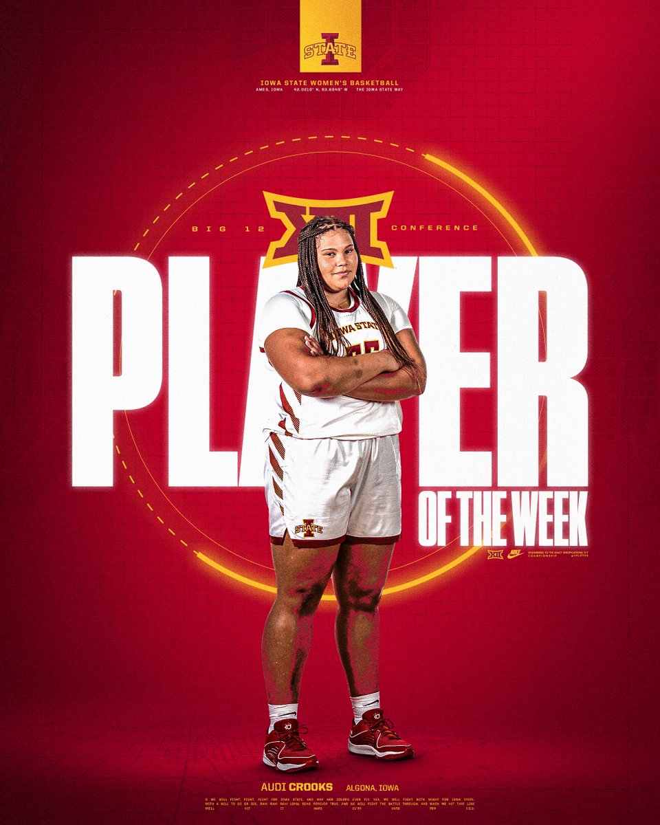 CycloneWBB's tweet image. After a historic week, @AudiCrooks becomes Iowa State's first freshman to be named 𝐁𝐢𝐠 𝟏𝟐 𝐏𝐥𝐚𝐲𝐞𝐫 𝐨𝐟 𝐭𝐡𝐞 𝐖𝐞𝐞𝐤‼️

📰: bit.ly/422llNK

🌪️🏀🌪️