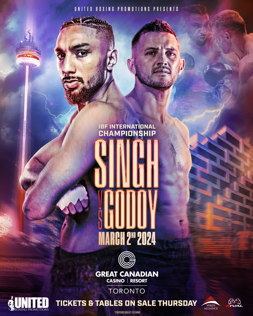 unitedpromotion's tweet photo. On Mar. 2, the path to international glory runs through Toronto.

#SinghGodoy for the @IBFUSBAboxing International Super Welterweight Championship.

🎟️ On Sale Thursday (Jan. 18)
📍  @GreatCanadianTO https://t.co/TsnuTqgLhb