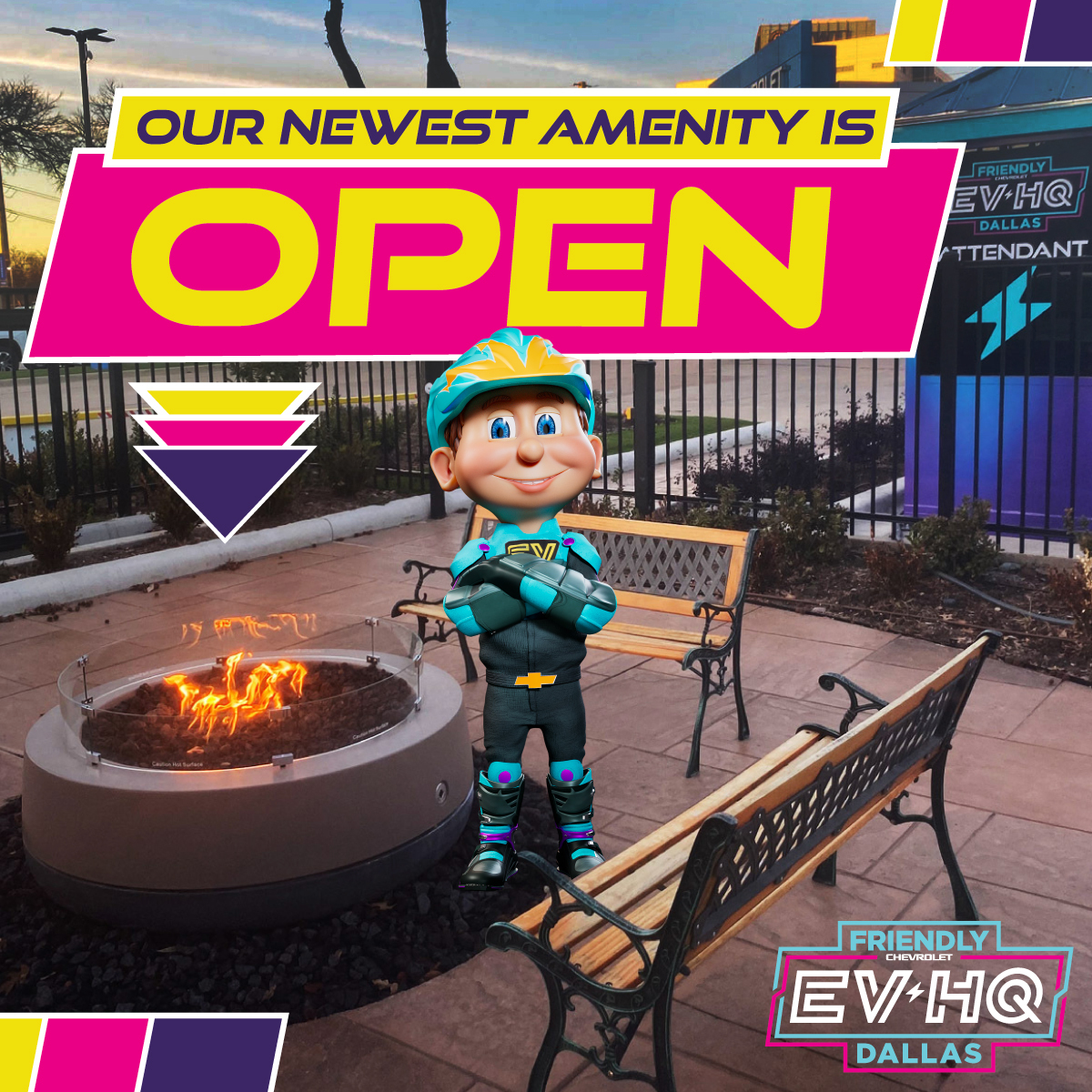friendlychevy's tweet photo. Our newest amenity has opened at Friendly Chevrolet's EVHQ Charging Park⚡️ Heat up in this icy weather at our new private outdoor lounge & fire pit🔥
Stop by today✅ (link in bio)
#FriendlyChevy #FriendlyChevrolet #DriveFriendly #DriveFriendlyDallas #EV #ElectricVehicles https://t.co/rlNq24062k