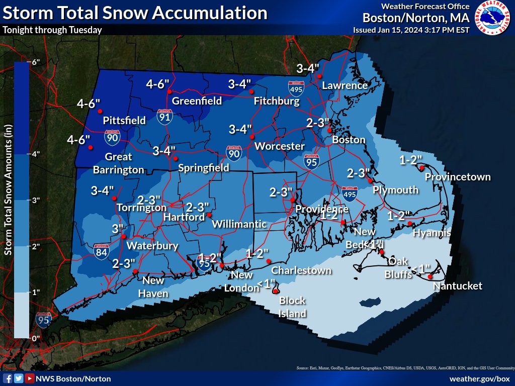 NWSBoston's tweet image. Accumulating snow is expected late tonight-Tue. The snow is expected to change to sleet &amp;amp; freezing rain around midday along and a bit west of I-95 corridor, and to plain rain S&amp;amp;E of I-95 in the morning. Total snow accum will be 1-3" south of the MA Pike and 3-5" to the north.