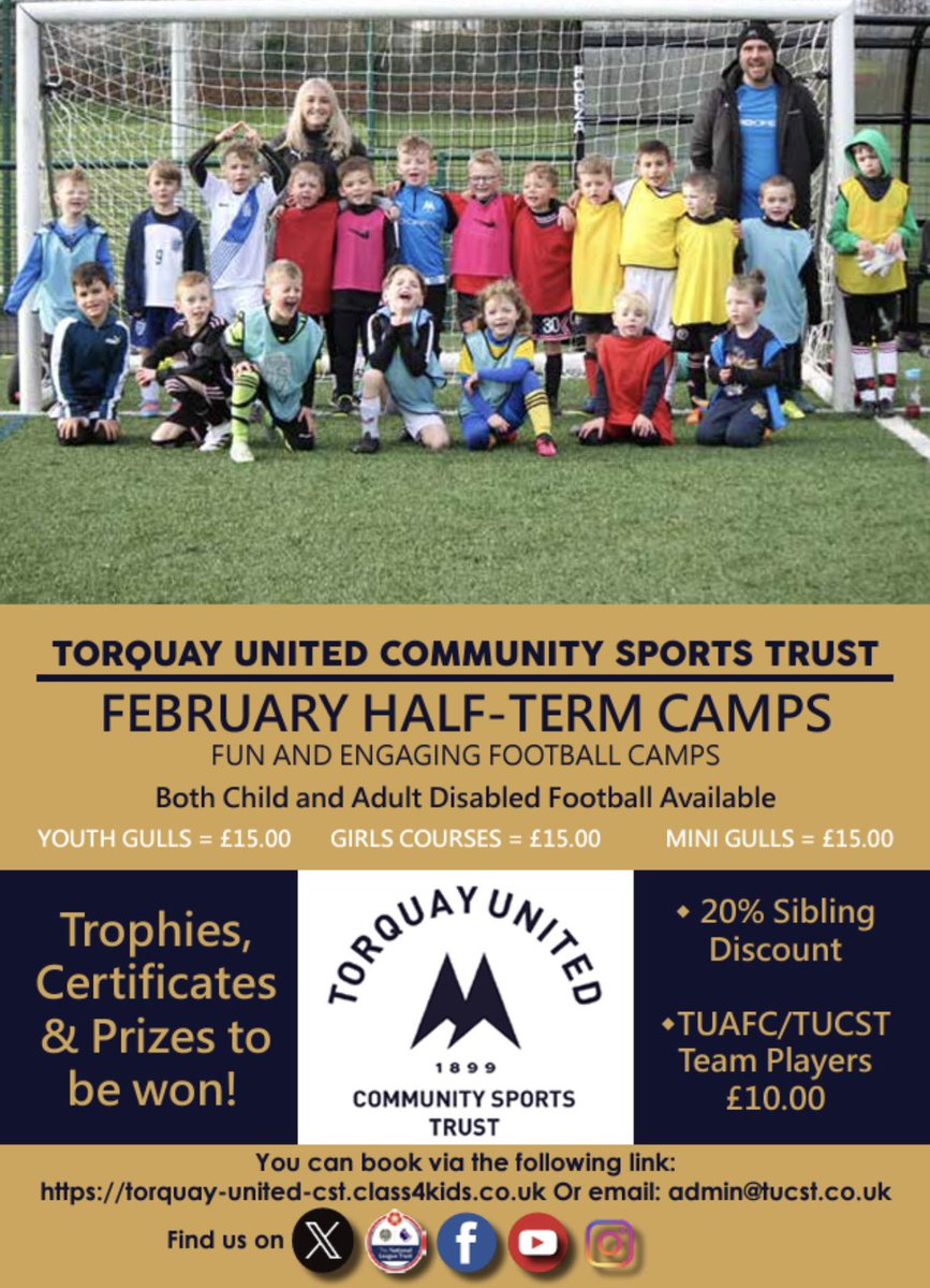 TUCSTrust's tweet photo. FEBRUARY HALF TERM🟡🔵
MINI GULLS⚽️
YOUTH GULLS⚽️
GIRLS ONLY⚽️
JUNIOR DISABILITY⚽️
ADULT DISABILITY⚽️
SPECIAL OFFER - THURSDAY 15th just £10!! All other courses just £15!!💥
Spaces will be limited so book online asap at https://t.co/iMANNZStO8📲
#UsingSportToMakeADifference https://t.co/bHZhCOqq60