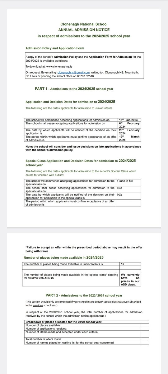 Our Admissions for Junior Infants 2024/25 begins today, ending on February 6th.
Application forms can be found at the following link: clonenaghns.ie/key-informatio…