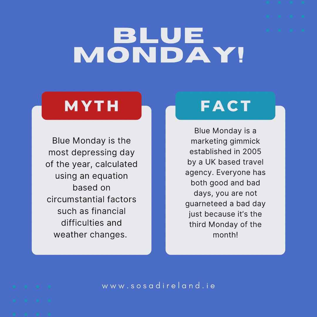 Blue Monday: the third Monday of the year which falls onJanuary 15 this year, has become known as the gloomiest day of the year and is referred to as ‘Blue Monday’.

#mentalhealthawareness #bluemonday #selfcare #mentalhealthmatters #mondayblues #health #mindset #positivity #myth