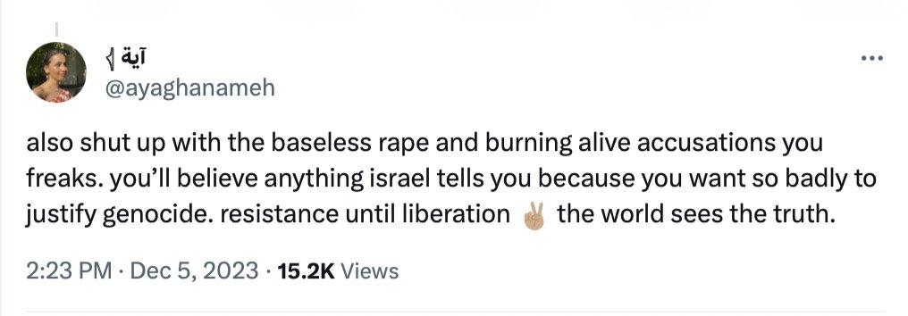 StopAntisemites's tweet photo. Aya Ghanameh is an employee at Penguin Random House, the largest publishing house in the world.

Ghanameh shares her support of Hamas on social media, referring to the terror group as a "legitimate government and social movement".

Ghanameh also denies the countless rapes of women on October 7th at the hands of Hamas terrorists. 

Please investigate @penguinrandom - this hatred is terrifying to see from one of your employees.