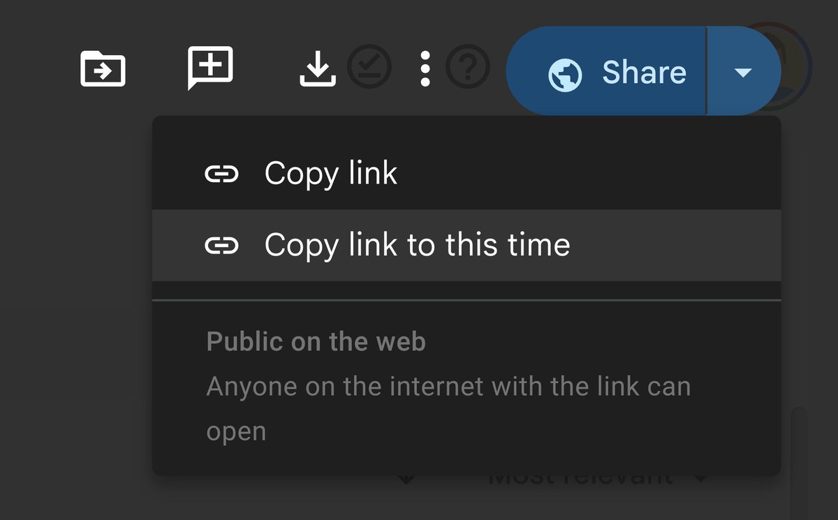 Tip Tuesday! Create a link that takes viewers directly to a specific spot in a Google Drive video. Do this by pausing the video at the desired time, clicking the arrow next to the Share button , and selecting “Copy link to this time.”