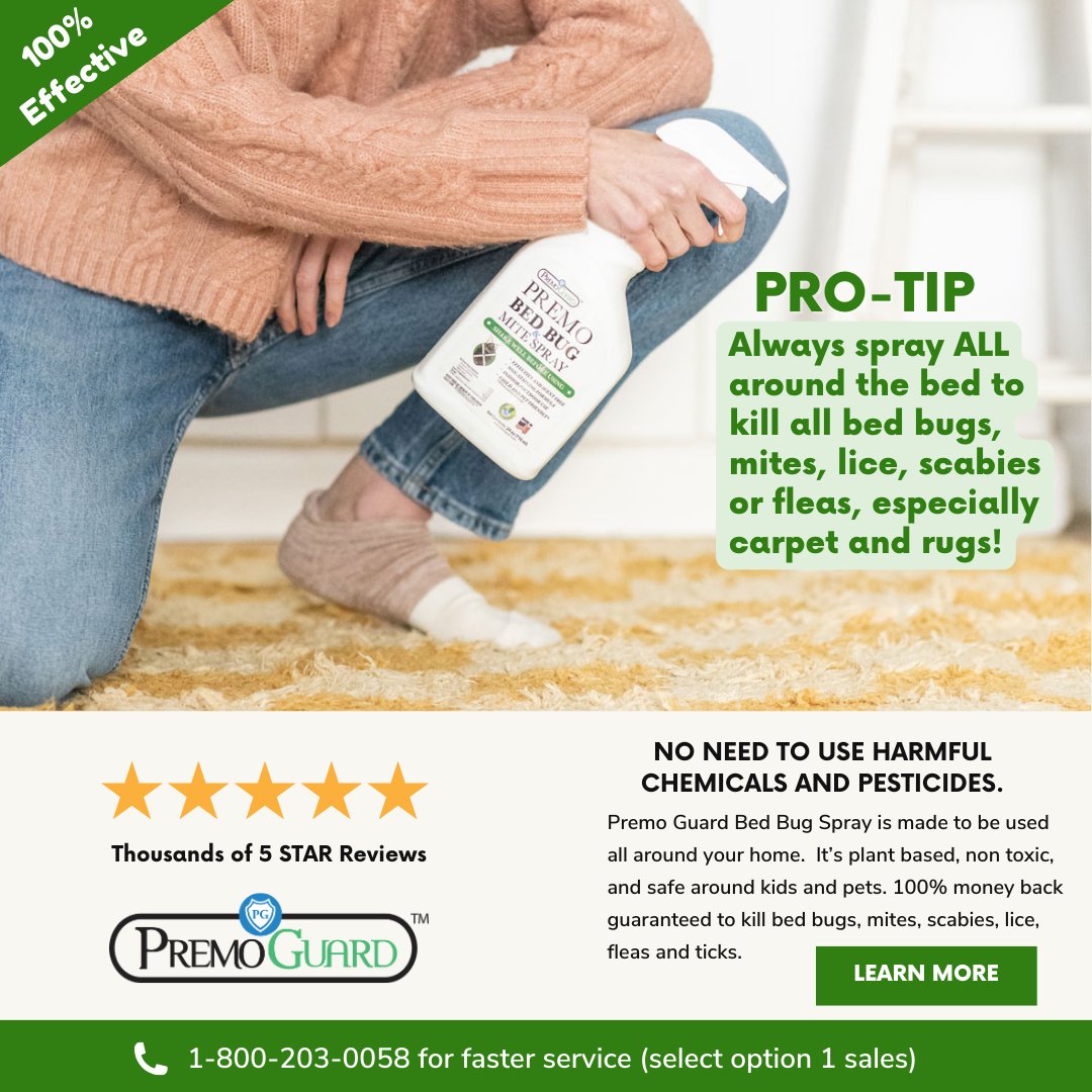 Since Premo Guard Bed Bug Spray and Mite Killer Sprays are non toxic, they can be sprayed all over infested areas.    

No chemicals and pesticides ever!    

Just 100% dead bed bugs, #mites, #fleas, #ticks, #scabies etc.  

premoguard.com/products/premo…… #bedbugs