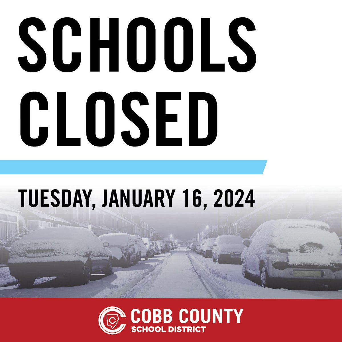 Due to a winter weather advisory, all Cobb schools will be closed on January 16, 2024. All after-school activities are also canceled. As always, the safety of students and staff is our top priority. We look forward to resuming normal operations as soon as conditions allow.