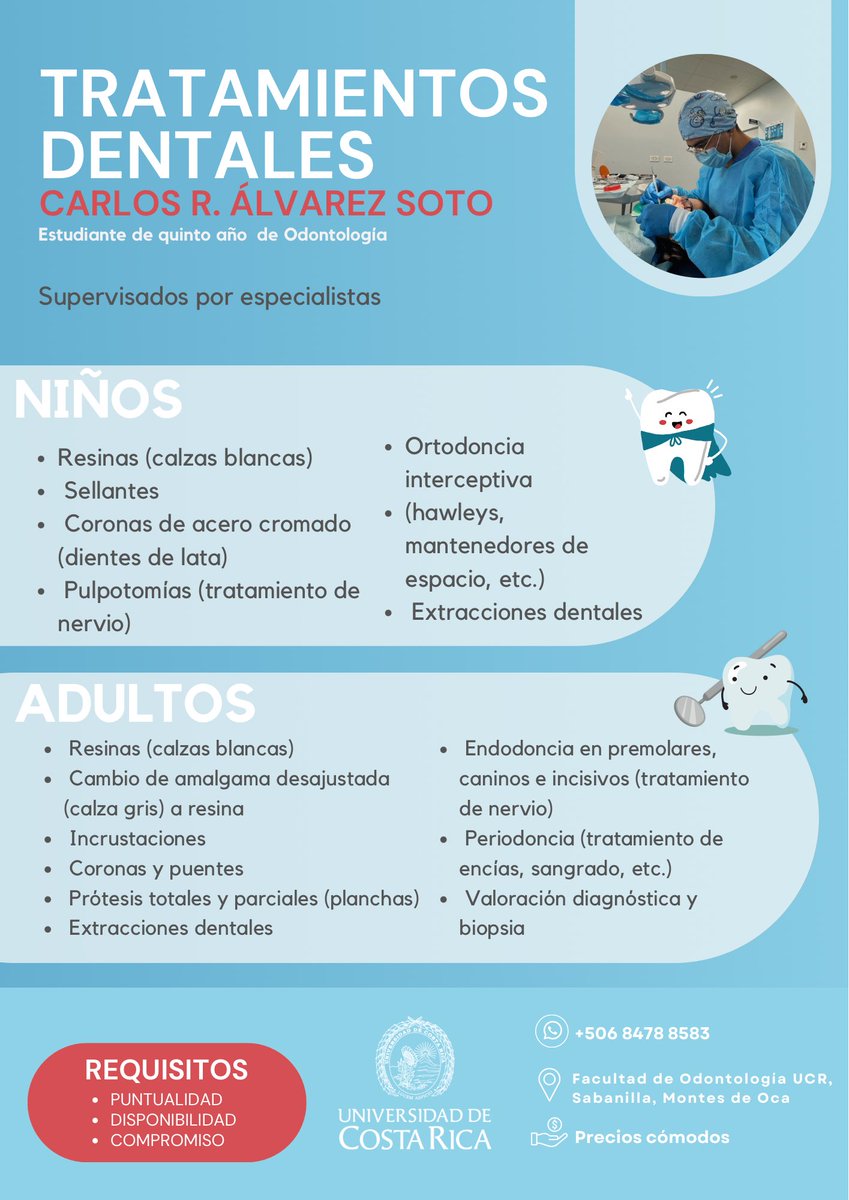 carloschihiro's tweet image. Hola!
A partir de febrero voy a estar realizando tratamientos de odontología para adultos y niños en la UCR, San Pedro. Los mismos son supervisados x profesionales y tienen un costo accesible
Les dejo más información y si tienen alguna duda no duden en escribirme.
Muchas gracias