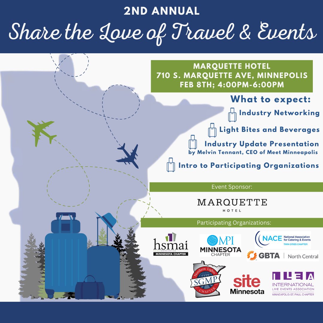 Join us for the 2nd Annual Share the Love of Travel &amp; Events on Feb 8, 2024, 4-6 PM at Marquette Hotel, Minneapolis! Network with industry leaders, enjoy bites, and an update from Melvin Tennant. 
Register now: ow.ly/AmL150Qr54G
