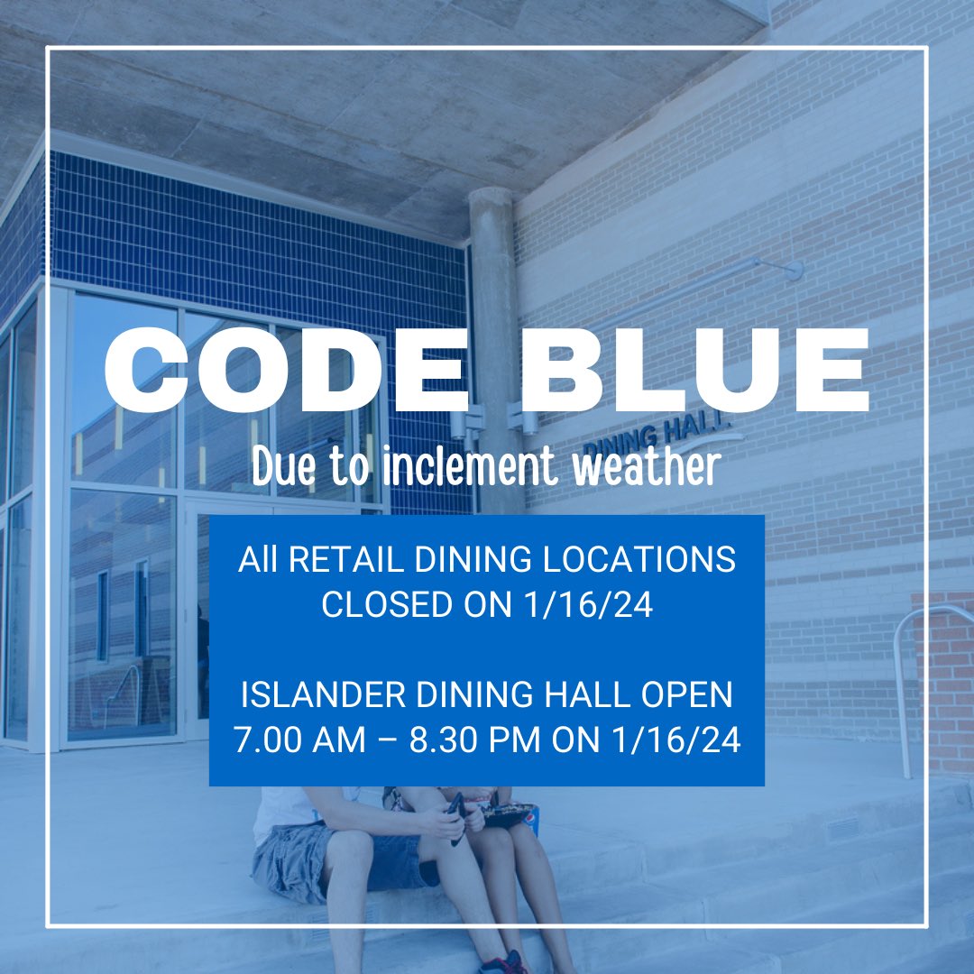 Due to winter weather and the potential for unsafe road conditions, TAMU-CC will operate remotely on Tuesday, 1/16. All retail dining locations will be closed but Islander Dining Hall will be open from 7:30 am - 8:30 pm.

#islanderdining #codeblue #tamucc
