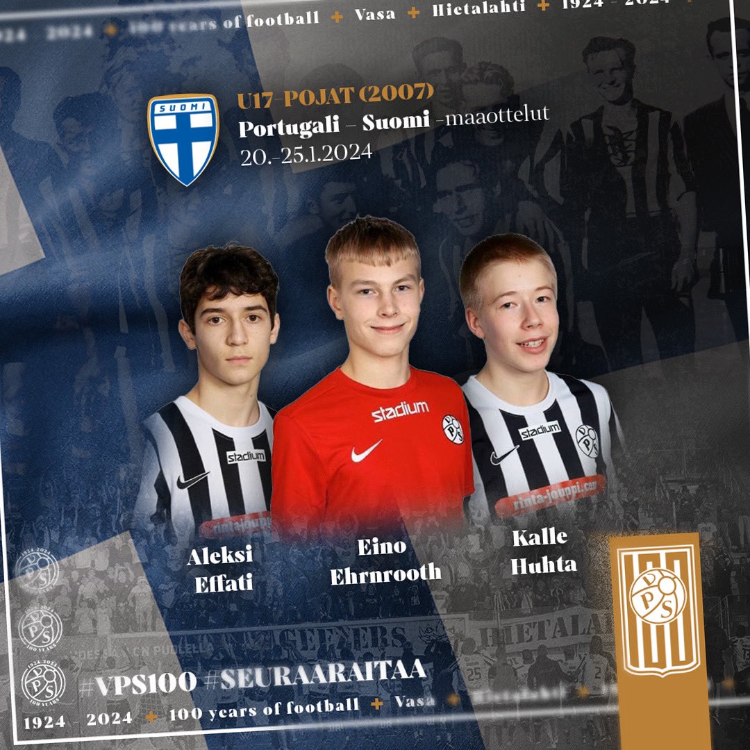 Kolme VPS Junioria U17-maajoukkueeseen 🇫🇮

Aleksi Effati, Eino Ehrnrooth ja Kalle Huhta matkaavat maajoukkueen mukana Portugaliin tammikuun lopussa. Lisäksi Veeti Mäntymäki valittiin ryhmään, josta joukkuetta tarvittaessa vahvistetaan 🔥

vpsjuniorit.fi/uutiset/138165…