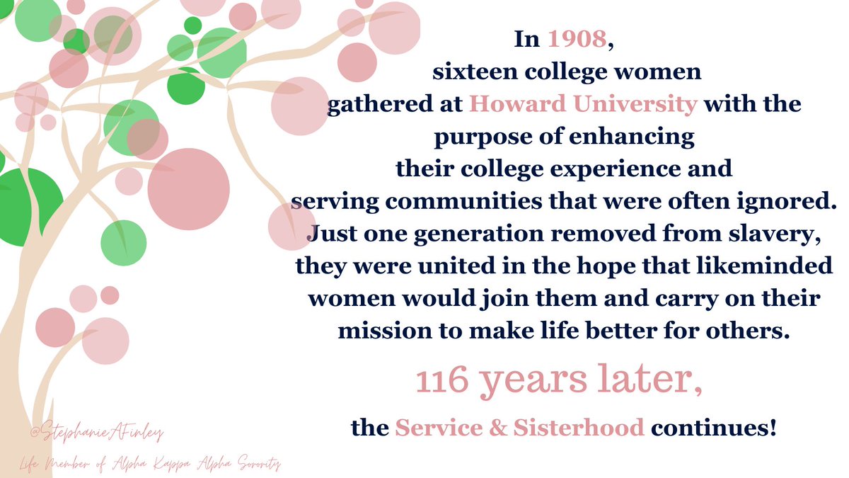 StephaniFinley's tweet image. Celebrating the 1st Black Sorority founded in 1908. Proud to be a part of the LEGACY of those courageous, tenacious &amp;amp; faithful women! 

Happy Founder's Day #AlphaKappaAlpha. 116 Years of Service &amp;amp; Sisterhood!🩷💚

#AKA1908 
#LifeMember
#LeadershipMatters 
#MondayThoughts