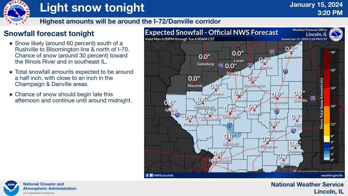 NWSLincolnIL's tweet photo. Light snow forecast for central IL tonight. Around a half inch expected, centered around I-72 corridor. #ilwx https://t.co/16wqxAT9hr