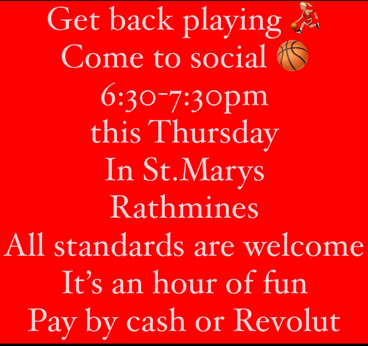 RathminesBC's tweet photo. Social Basketball is back - join Rathmines Ladies this Thursday for an hour of fun, easy going basketball. All standards welcome. https://t.co/2qwiKymulf