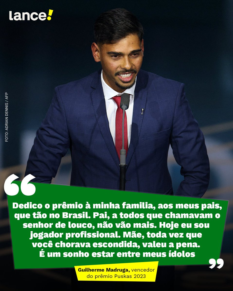 lancenet's tweet photo. Não tem como não se emocionar com o discurso do Guilherme Madruga ao receber o prêmio Puskas! 🇧🇷🥲

#Puskas #Futebol #TheBest https://t.co/7LC18vJBsM