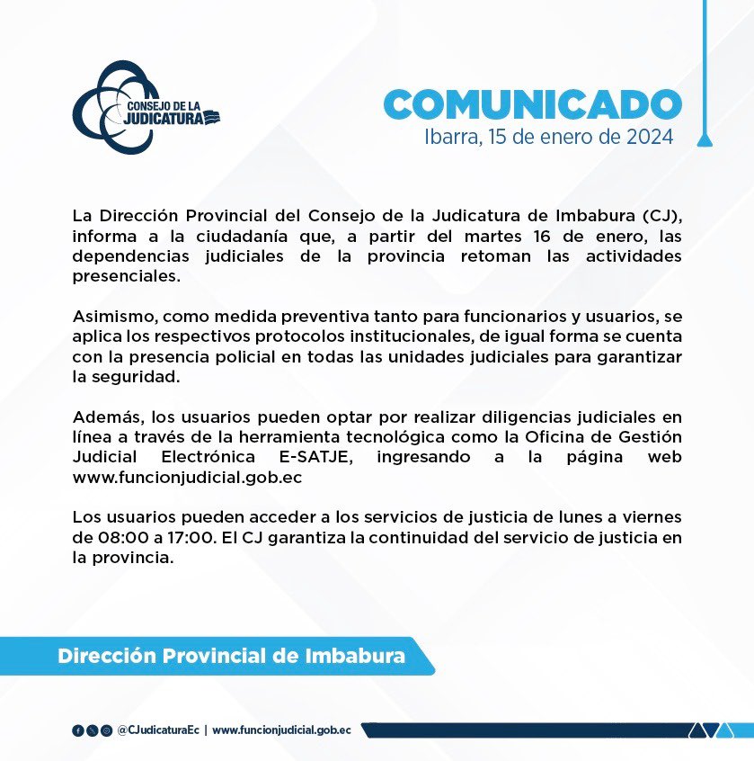La Dirección Provincial de #Imbabura, desde el 16 de enero reanudará el trabajo presencial en todas las unidades judiciales. Nuestro compromiso es garantizar los servicios judiciales para la ciudadanía. #ComprometidosConLaJusticia