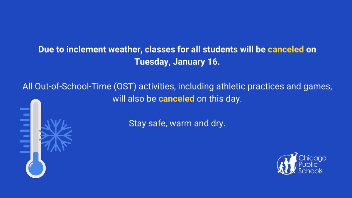 For the safety of our students and staff, CPS is canceling classes and after school activities for Tuesday, January 16. The forecast combination of subzero temperatures and a Wind Chill Warning makes for unsafe conditions. For more info: bit.ly/3U543Ob