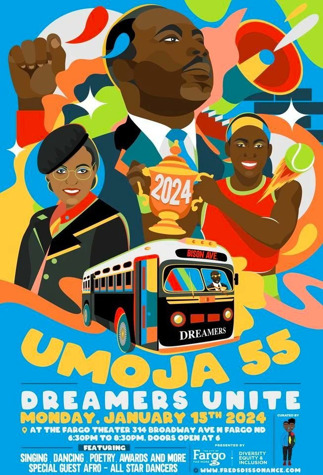 Martin Luther King Jr Day Event happening in Fargo, ND tonight! "Celebrate his life and legacy through an Afro-futuristic lens. The event showcases artistic interpretations of MLK's vision." 6:30 - 8:30 pm tonight at Fargo Theatre. #MLKDay2024 #FargoEvents